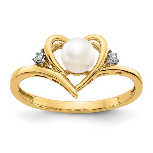 14K 5.5mm Yellow Gold June Freshwater Cultured Pearl and Diamond Heart Ring