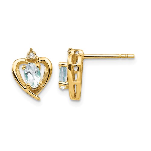 14K Yellow Gold 5x 3 Oval March Aquamarine and Diamond Heart Earrings