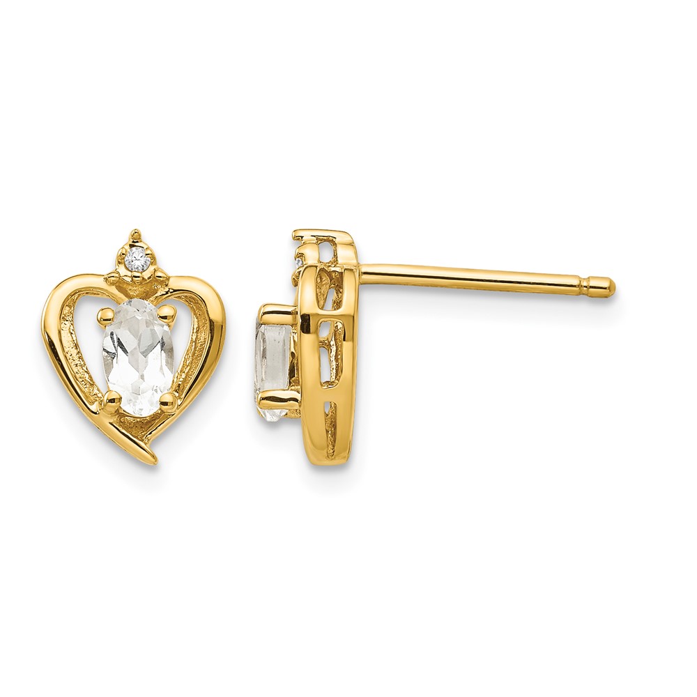 14K Yellow Gold 5x 3 Oval April White Topaz and Diamond Heart Earrings