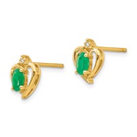 14K Yellow Gold 5x3 Oval May Emerald and Diamond Heart Earrings view 2