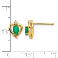 14K Yellow Gold 5x3 Oval May Emerald and Diamond Heart Earrings view 4