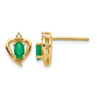 14K Yellow Gold 5x3 Oval May Emerald and Diamond Heart Earrings view 1