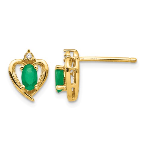 14K Yellow Gold 5x 3 Oval May Emerald and Diamond Heart Earrings