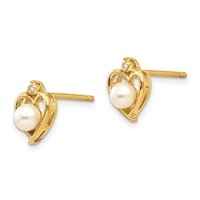 14K 4.5mm Yellow Gold June Freshwater Cultured Pearl and Diamond Heart Earrings view 2