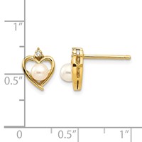 14K 4.5mm Yellow Gold June Freshwater Cultured Pearl and Diamond Heart Earrings view 4