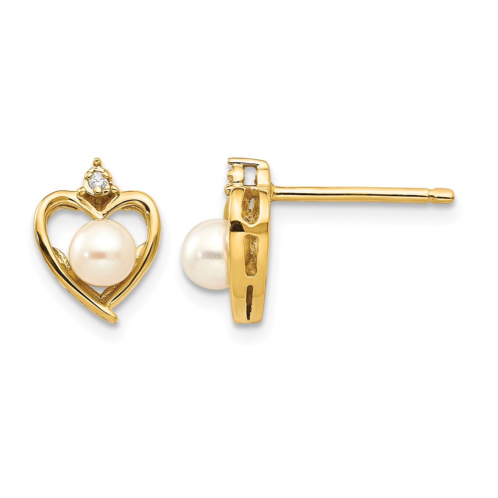 14K 4.5mm Yellow Gold June Freshwater Cultured Pearl and Diamond Heart Earrings