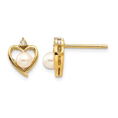 14K 4.5mm Yellow Gold June Freshwater Cultured Pearl and Diamond Heart Earrings