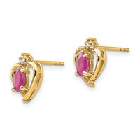 14K Yellow Gold 5x3 Oval July Ruby and Diamond Heart Earrings view 2