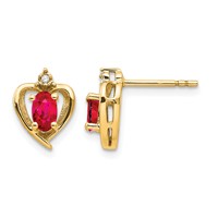 14K Yellow Gold 5x3 Oval July Ruby and Diamond Heart Earrings view 1