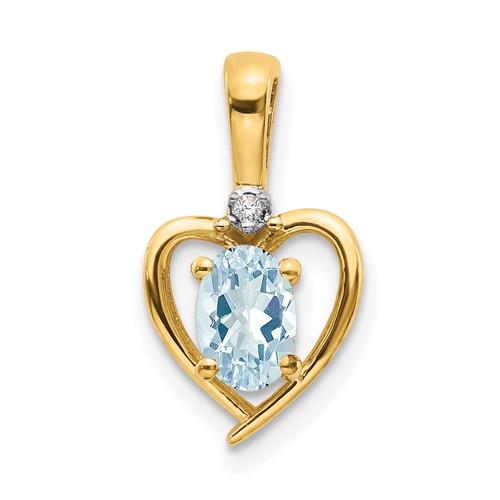 14K Yellow Gold 6x 4 Oval March Aquamarine and Diamond Heart Pendant