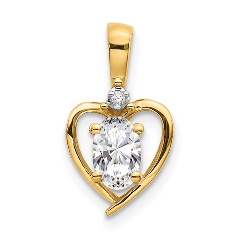 14K Yellow Gold 6x 4 Oval April White Topaz and Diamond Heart Pendant