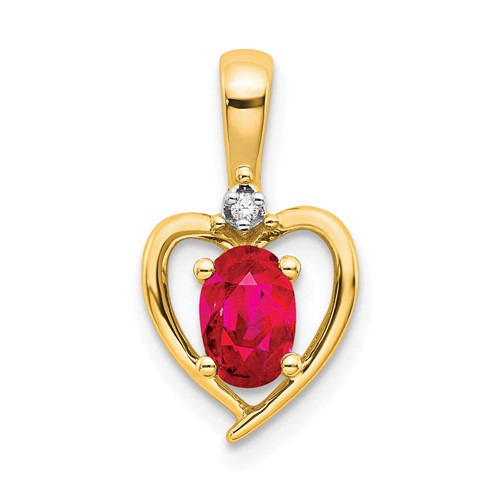14K Yellow Gold 6x 4 Oval July Ruby and Diamond Heart Pendant