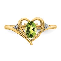 14K Yellow Gold 6x 4 Oval August Peridot and Diamond Heart Ring view 5