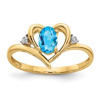 14K Yellow Gold 6x 4 Oval December Blue Topaz and Diamond Heart Ring view 1