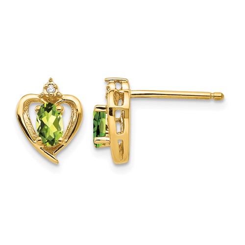 14K Yellow Gold 5x 3 Oval August Peridot and Diamond Heart Earrings