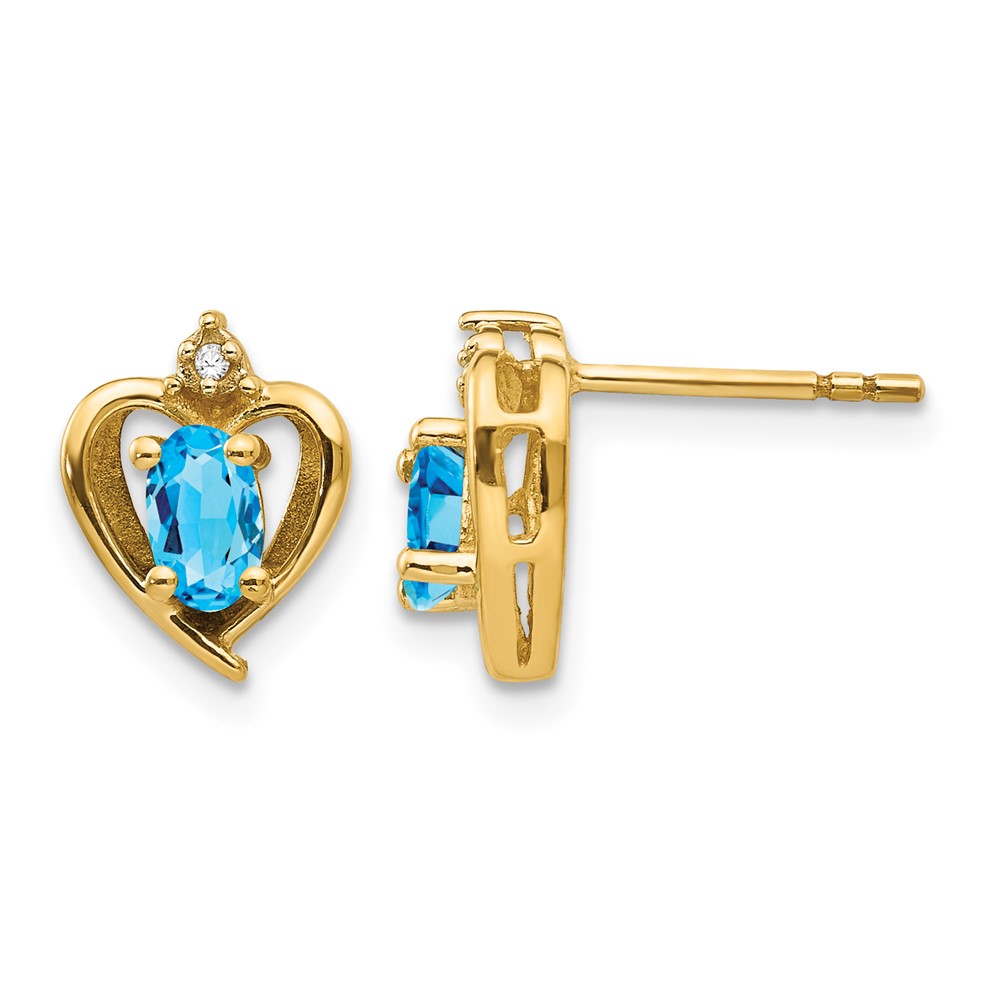 14K Yellow Gold 5x 3 Oval December Blue Topaz and Diamond Heart Earrings