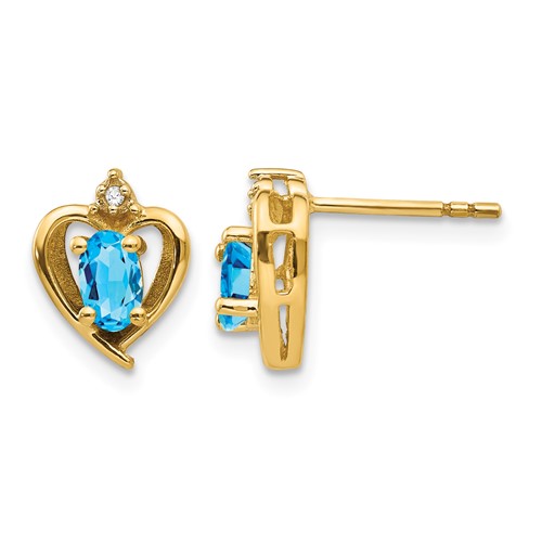 14K Yellow Gold 5x 3 Oval December Blue Topaz and Diamond Heart Earrings