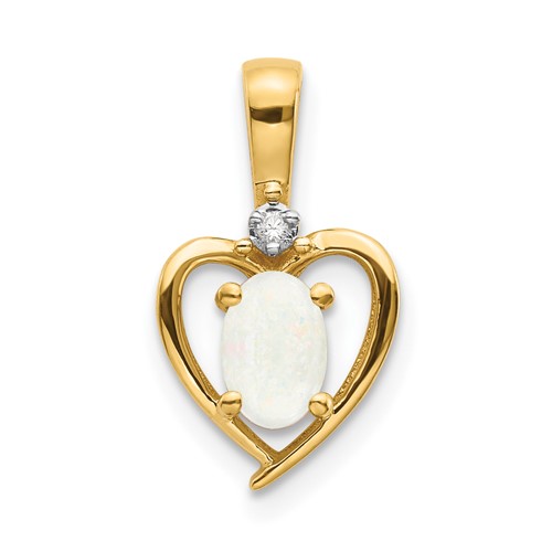 14K Yellow Gold 6x 4 Oval October Opal and Diamond Heart Pendant