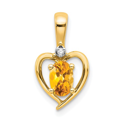 14K Yellow Gold 6x 4 Oval November Citrine and Diamond Heart Pendant