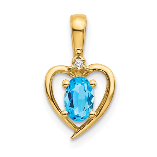 14K Yellow Gold 6x 4 Oval December Blue Topaz and Diamond Heart Pendant