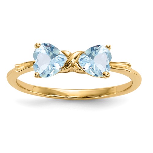 14K Yellow Gold Polished March Aquamarine Bow Ring, Size 7