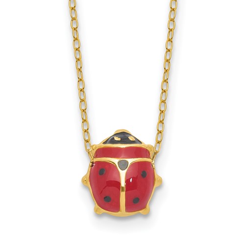 14K Yellow Gold Polished Red and Black Enameled Ladybug Necklace Plus 1 Inch Extender, 17"