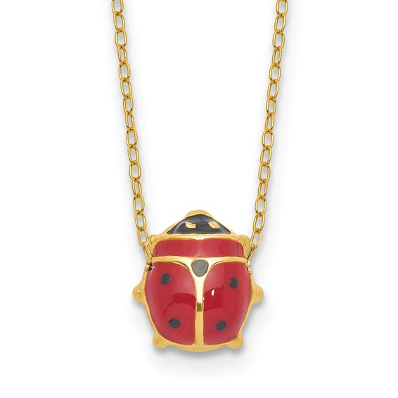 14K Polished Red and Black Enameled Ladybug 17 inch Necklace Plus 1 inch Extender