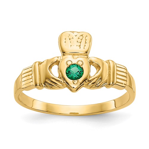 14K Yellow Gold Green CZ Claddagh Ring