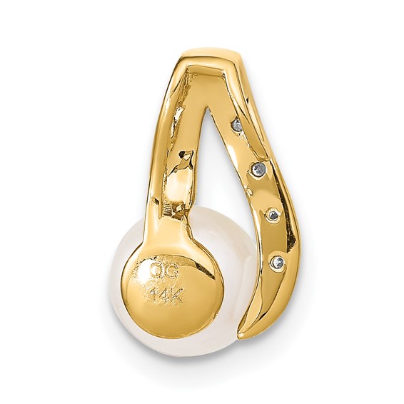 14k and Rhodium 7-8mm Button White Freshwater Cultured Pearl and Diamond Pendant