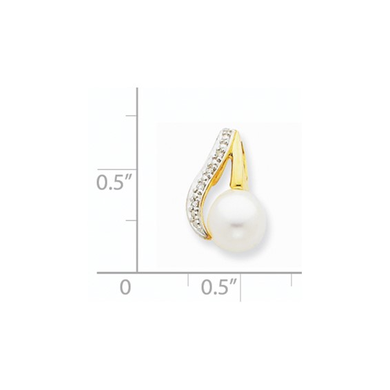 14k and Rhodium 7-8mm Button White Freshwater Cultured Pearl and Diamond Pendant
