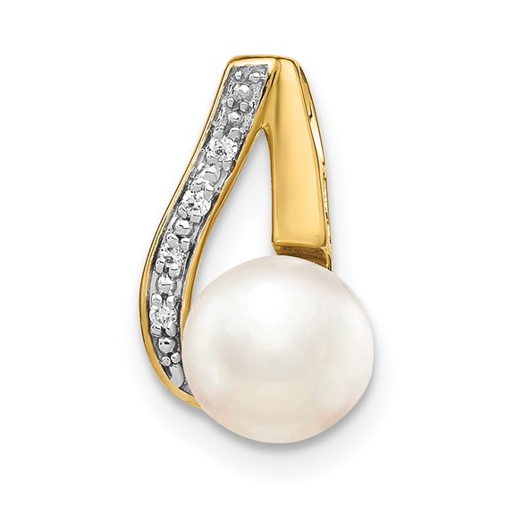14k and Rhodium 7-8mm Button White Freshwater Cultured Pearl and Diamond Pendant
