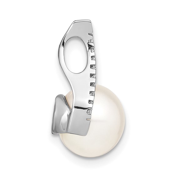 14k White Gold 9-10mm White Button Freshwater Cultured Pearl and Diamond Chain Slide