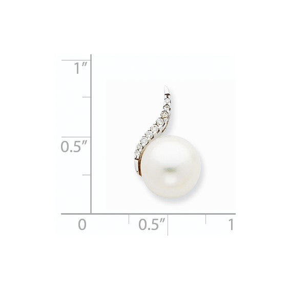 14k White Gold 9-10mm White Button Freshwater Cultured Pearl and Diamond Chain Slide