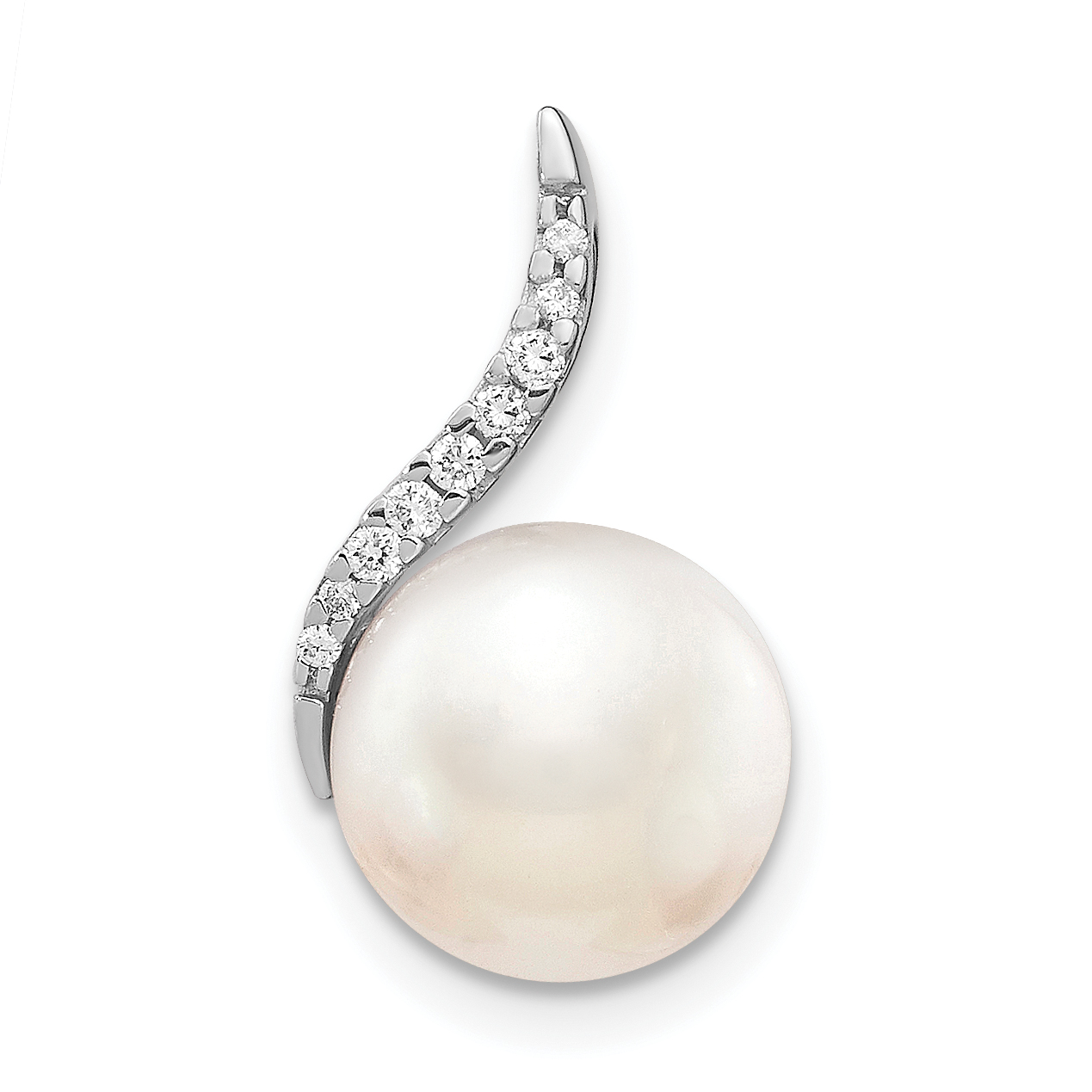 14k White Gold 9-10mm White Button FWC Pearl and Diamond Pendant (XCH667)