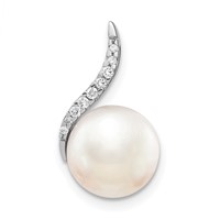 14K White Gold 9-10mm White Button Freshwater Cultured Pearl and Diamond Chain Slide view 1