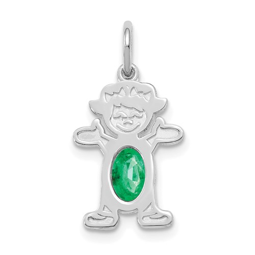 14K White Gold Girl Charm 6x 4 Oval Genuine Emerald-May