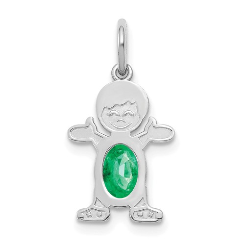 14K White Gold Boy Charm 6x 4 Oval Genuine Emerald-May