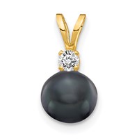 14K Yellow Gold 6-7mm Black Round Freshwater Cultured Pearl and AA Diamond Pendant view 1