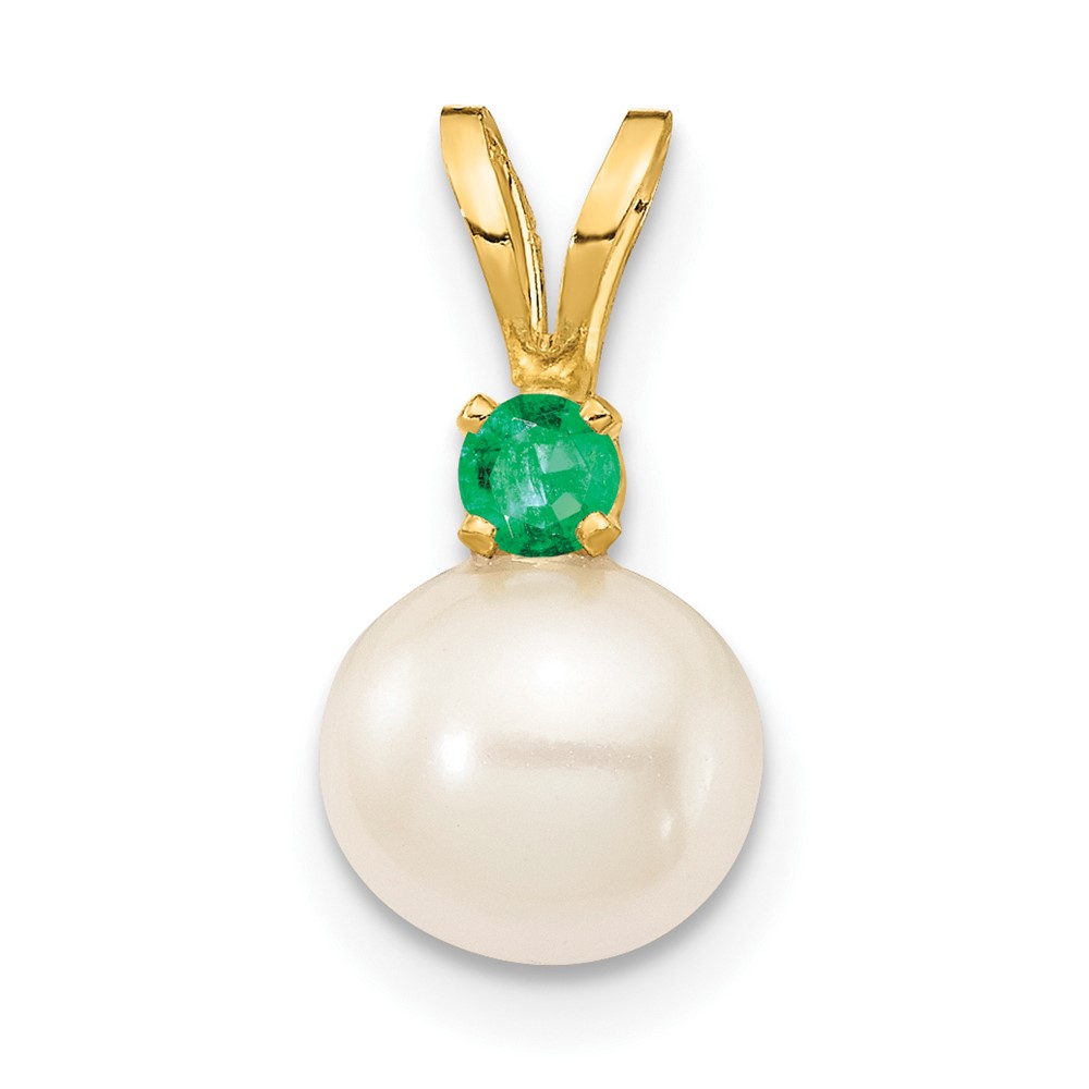 14K 6mm Yellow Gold White FW Cultured Pearl & Emerald Pendant