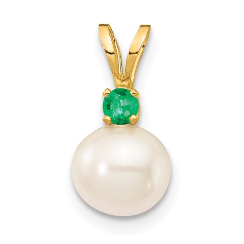 14K 6mm Yellow Gold White FW Cultured Pearl & Emerald Pendant