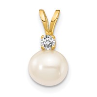 14K Yellow Gold 6-7mm Near Round White Freshwater Cultured Pearl and AA Diamond Pendant view 1