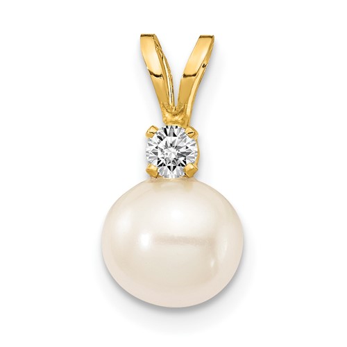 14K Yellow Gold 6-7mm Near Round White Freshwater Cultured Pearl and AA Diamond Pendant