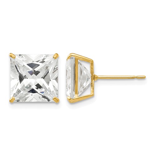 14K 9mm Yellow Gold Square CZ Post Earrings
