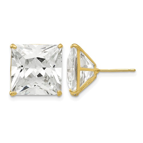 14K 12mm Yellow Gold Square CZ Post Earrings