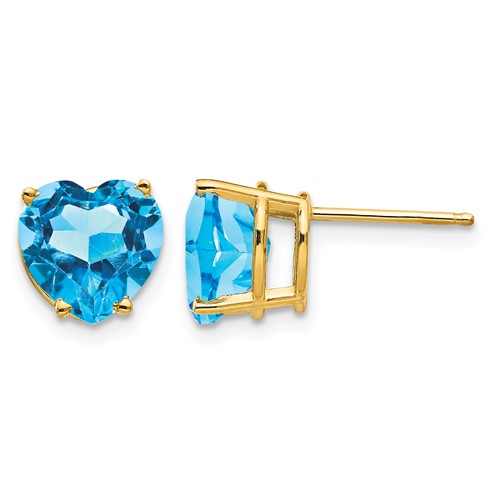 14K 8mm Yellow Gold Heart Blue Topaz Post Earrings