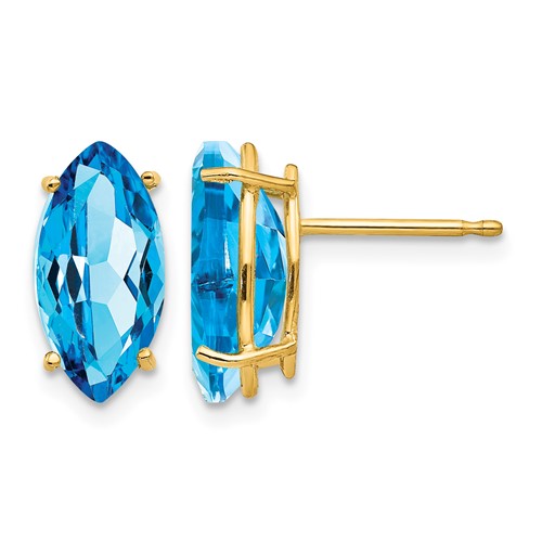 14K Yellow Gold 12x 6mm Marquise Blue Topaz Post Earrings
