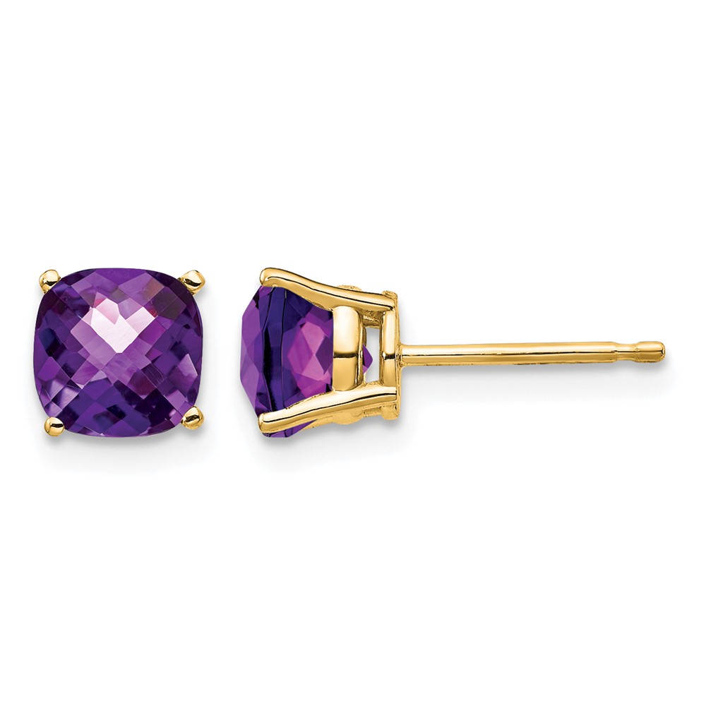14K 6mm Yellow Gold Cushion Amethyst Checkerboard Post Earrings