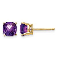 14K 6mm Yellow Gold Cushion Amethyst Checkerboard Post Earrings view 1
