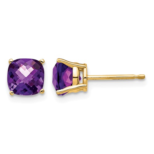 14K 6mm Yellow Gold Cushion Amethyst Checkerboard Post Earrings