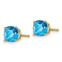 14K 6mm Yellow Gold Cushion Blue Topaz Checkerboard Post Earrings view 2